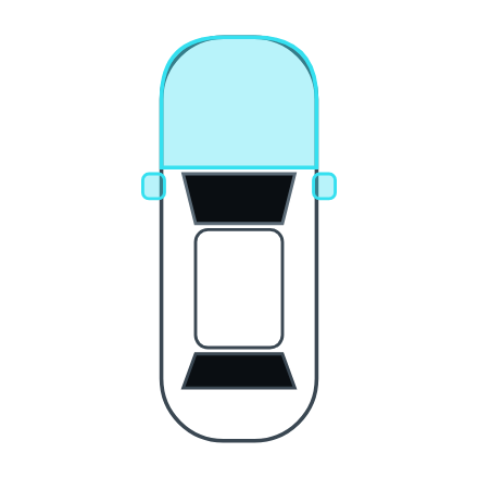 Diagram of partial front-end paint protection film coverage on hood, bumper, fenders and mirrors