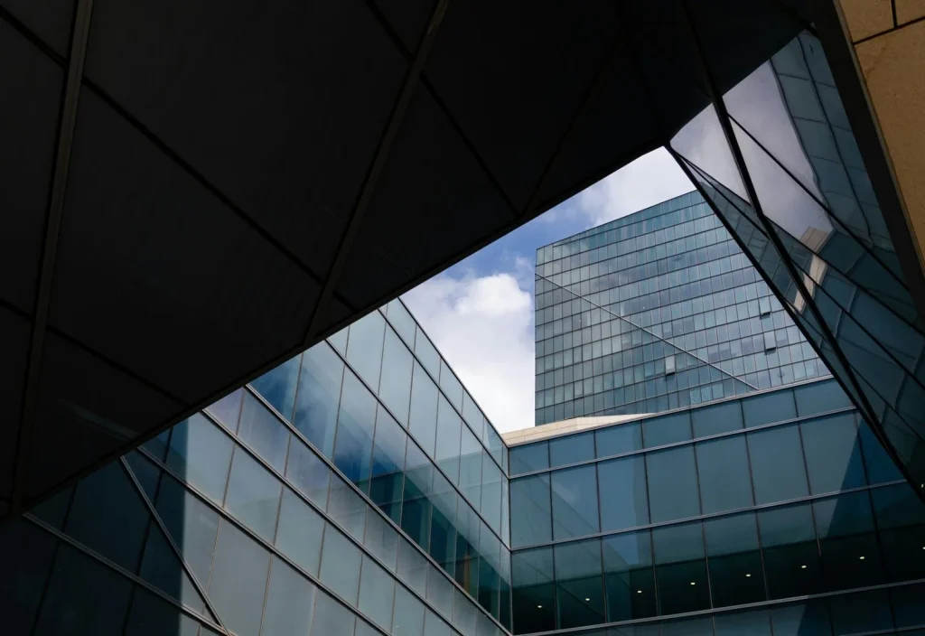 Glass office building with commercial window film
